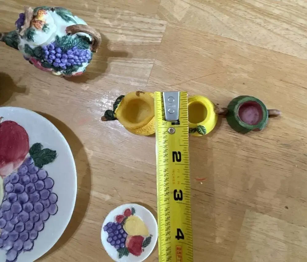 Vintage Miniature Resin Fruit Themed Tea Set Including Teapot, Cups, and Plates